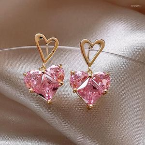 Orecchini a bottone in argento con ago in argento stile dolce, cristallo rosa, temperamento d'amore, zirconi a forma di cuore, personalizzati