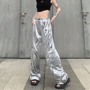 Frauen Hosen Capris Koreanische Mode Elastische Hohe Taille Silber Gerade Bein Frauen Streetwear Seite Streifen Taschen Dance Mädchen Jogger 230905