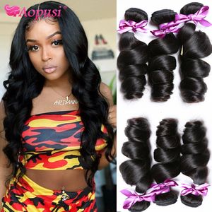 Lace Wigs Aopusi Bundel Rambut Manusia Gelombang Longgar Jalinan Brasil Ekstensi Remy Pakan 1 3 4 Buah Alami Jet Hitam 230905