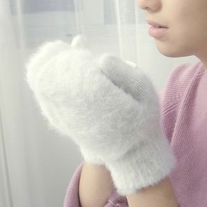 Mittens Rabbit Wool Gloves Female Winter Mantens pälshandskar Fingerless Winter Women Girls Mantens Black Guantes White 230905