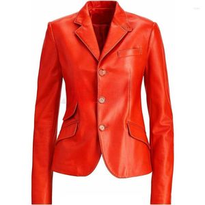 Men's Jackets Women Lambskin Real Leather Blazer Slim Fit Orange Coat Three Button Jacket