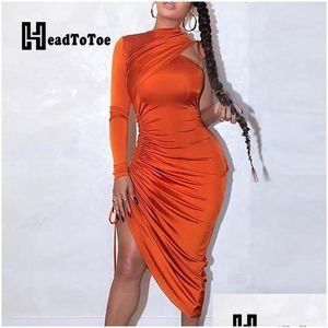 Vestidos casuais básicos sexy um shoder dstring ruched bodycon vestido mulheres sólida manga longa meados de bezerro night club festa entrega gota dhen9