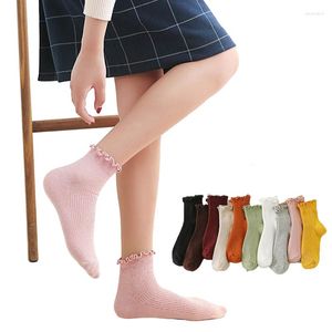 Mulheres meias femininas plissado algodão cor sólida estilo coreano senhoras e senhora babados listra curta meia estética feminina