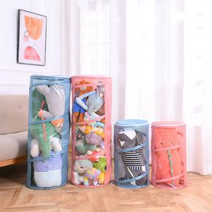 Förvaringskorgar Plush Doll Bucket Children's Toy Basket Foldbar Cylindrical Tube Dammtät arrangör Display 230906