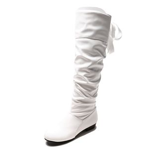 Shoes For Women Spring Knee High Boots Red Black White Tall Boots Woman Pleated Low Heel Casual Leather Female Long Shoes For Girls Shoes