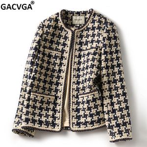 Womens Suits Blazers Blends GACVGA Elegant Weave Plaid Women Blazer With Pocket And Lining Autumn Winter Causal Tweed Coat Office Ladies Suit Jacket 230906