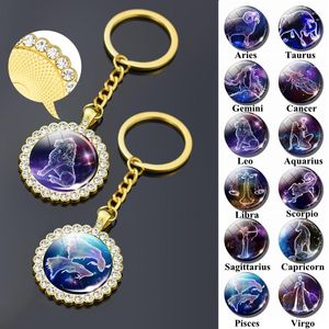 Keychains 1pc 12 Constellation Gold Plated Keychain Fashion Glass Rhinestone Jewelry Keyrings Leo Vågen Crystal Key Chains Birthday Presents