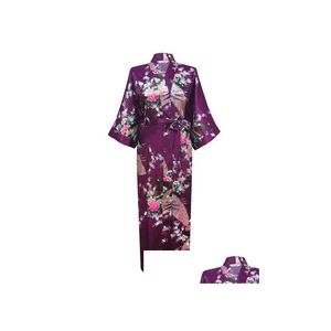 Kadınların Pijama Toptan-Mor Moda Kadın Tavuskuşu Uzun Kimono Banyosu Nightgown Elbise Yukata Batabalı SM S M L XL X DH46K