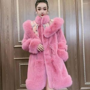 Women's Fur 2023 Winter Fashion Mid Length Standing Collar Long Sleeve Sequin Panel Mink Fleece Warm Loose Coat Trend