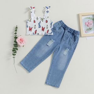 Conjuntos de roupas Suefunskry Crianças Meninas Calças Conjunto Sem Mangas Borboleta Imprimir Camisole Com Cintura Elástica Jeans Rasgado Roupas de Verão 1-6Years