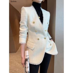 Kadın yünü karışıyor tweed ceket kadın ofis bayanlar yaka ince siyah sonbahar blazers zarif moda çift göğüslü kadın ceket beyaz kıyafetler 230905