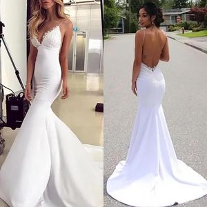 Wedding Dresses Ivory Bridal Gowns Mermaid Trumpet Sleeveless New Custom Plus Size V-Neck White Backless Sweep Train Applique Zipper Satin