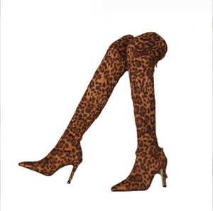 Ladies Fashion Leopard Print Over Knee Boots Autumn Winter High Boots Pointed Toe Stretch Fabric Ladies High Heels Bottes Femme For Girls Shoes