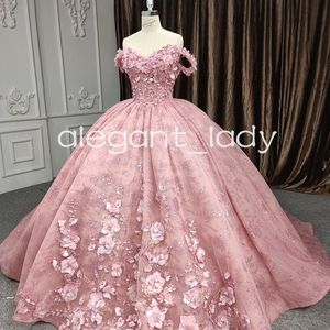 Rose Pink 3d Floral Quinceanera klänningar från axeln full spets kapell tåg applikation korsett prom vestido de debutante 15 anos