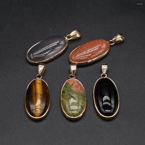 Pendant Necklaces Natural Gold Sand Stone Oval Shape Black Agates Charms For Women Making DIY Jewerly Necklace 16x43mm