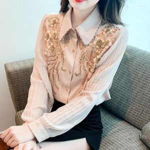 Blusas femininas outono bordado blusa feminina de manga comprida chiffon camisa roupas 2023 design sentido topo