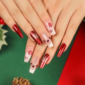 Накладные ногти 24 шт., рождественские красные французские снежинки, Т-образная форма, полное покрытие, со стразами, блестящие накладки на кончики ногтей балерины