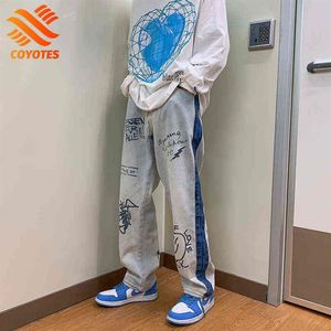 Kojotes dżinsy luźne mody Męskie spodnie drukują proste spodnie w lupgy swobodne dżinsy na szerokie nogi koreańskie streetwear men clothin196f