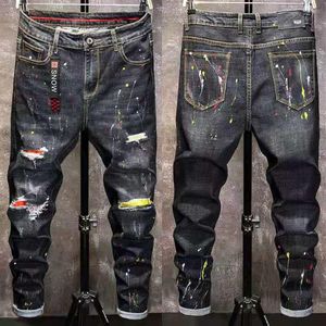 Calças de brim de inverno masculinas calças quentes velo destruído rasgado denim calças grossas térmicas angustiadas motociclista para homens roupas 304h