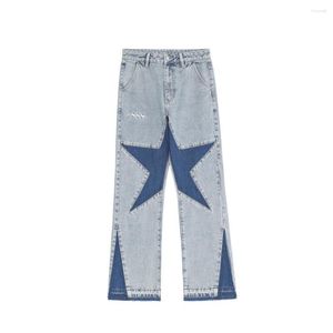 Mäns jeans harajuku stjärna brev broderi lapptäcke rak casual flare lös män retro street denim byxor byxor