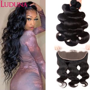 Synthetic Wigs Luduna Bundel Gelombang Tubuh dengan Rambut Malaysia Depan 13X4 Renda Transparan 28 30 Inci Ekstensi Remy 230905