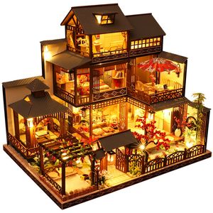 Doll House Accessories SweetBee Diy Dollhouse Kit Wood Doll House Miniature Dollhouse Furniture Kit med LED Toys for Children Christmas Gift P06 230905