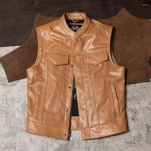 Men's Vests SOA Motorcycle Leather Vest Mens Genuine Cowhide Zipper Button Mesh Perforated Breathable Sleeveless Jackets