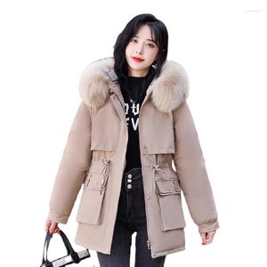 여자 트렌치 코트 두꺼운 따뜻한 파카 재킷 2023 짧은 겨울 면화 패딩 여성 코트 후드 큰 모피 칼라 드로 스트링 여성 패션