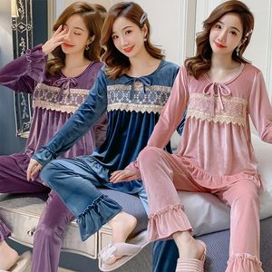 Indumenti da notte da donna 2023 Inverno Manica lunga Carino Pizzo Oro Velluto Pigiama Set per le donne Coreano Pigiama allentato Homewear Pijama Mujer Vestiti