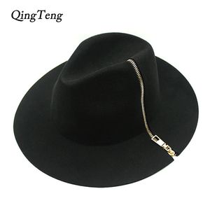 Ampla borda chapéus balde chapéus legal preto zíper fedora vintage mulheres senhoras floppy borda larga lã feltro fedora cloche chapéu boné 230905