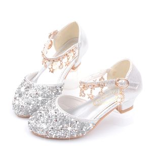 New Girls 'High Heel Shoes paljetter Spring och Autumn Middle School Children's Princess Shoes Studentskor Baotou Sandaler