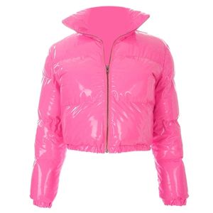 Damenjacken Damen Langarm-Pufferjacke mit Reißverschluss, glänzender Metallic-Kunstleder-Kurzmantel Y3NE 230906