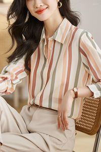 Blusas femininas 2023 outono colorido listrado seda mulheres camisa de cetim coreia vintage contraste cor blusa senhoras tops botão até manga longa