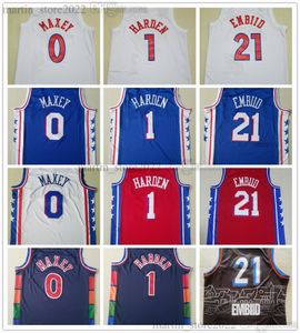 100％ステッチバスケットボールジャージJames 1 Harden Joel 21 Embiid Tyrese 0 Maxey 2023チームホワイトブルーレッドオール刺繍