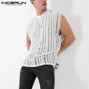 Män mesh randiga tank tops ärmlös o nacke streetwear andningsbara västar sommarmode se genom mens incerun 5xl 7 män228j