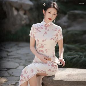 Этническая одежда, китайское традиционное сексуальное жаккардовое атласное платье Ципао с принтом, женское вечернее платье Cheongsam с короткими рукавами и пуговицами ручной работы