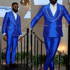 Tailor Made Men Tuxedos Royal Blue Beads Shawl Lapel Tuxedos Jacket 2 Pieces Male Costume Party Business Coat