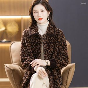 Kvinnors päls 2023 vinter kvinnor imitation mink sammet coat leopard tryck varm mjuk fleece överrock avstänga kragen enstaka bröstkläder