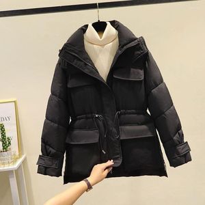 Women's Trench Coats Winter Pocket Zipper Hooded Cotton Jacket 2023 Loose Casual Waist Short Fashion Lace-up Warm