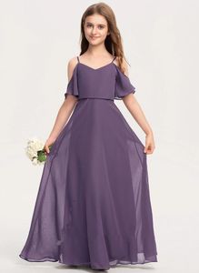 Abiti da ragazza Una linea spalla fredda lunghezza pavimento abito da damigella d'onore junior in chiffon abiti da banchetto eleganti da sera