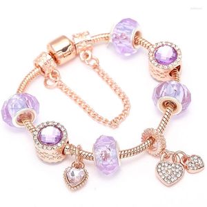 Ювелирные изделия из розового золота, милые стеклянные бусины «сделай сам», оригинальный браслет для девочек, фиолетовый аксессуар в форме сердца, подарок
