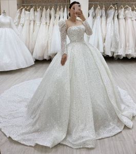 Luksusowe cekinowe suknie balowe suknie ślubne suknie ślubne z długim rękawem koraliki panny młode sukienka małżeńska vestido