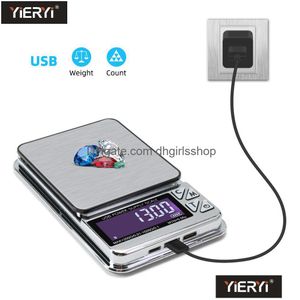 Scales High Precision Jewelry Scale 1000G 600G 200Gx0.01G Digital Lcd Count Electronic Stainless Pocket Kitchen Usb Charge Drop Delive Dhxei