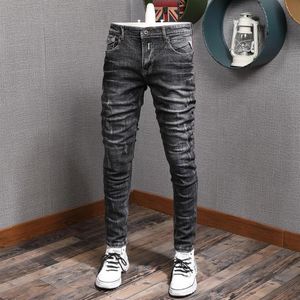 Jeans para hombres Moda Rayado Gris Negro Hombres Otoño Algodón Streetwear Slim Fit Denim Pants282G