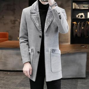 Trench da uomo 2023 Giacca a vento da uomo di media lunghezza monopetto colletto in peluche autunno cappotto di lana soprabito caldo giacca da lavoro