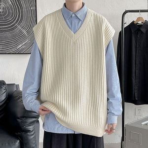 Мужские жилеты 2023, осенне-зимний свитер с v-образным вырезом, мужской однотонный акриловый жилет без рукавов в студенческом стиле, вязаный Harajuku