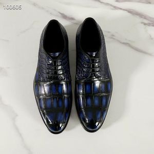 Sapatos de vestido autêntico real pele de crocodilo Goodyear artesanato azul escuro homens genuíno couro de jacaré masculino lace-up festa oxfords