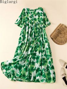 Plus size vestidos tamanho verão plissado vintage floral vestido casual pulôver senhoras algodão listrado impressão mulher solta longa 230906