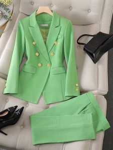 Dwuczęściowe spodnie moda róża zielone czarne damki robiący pres garnitur kobiet Dekoracja kobiecych guzików Formalna kurtka Blazer i spodnia 2 set 230906