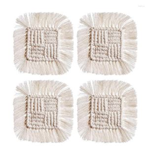 Table Mats 4 Pcs Coasters For Drinks Handmade Absorbent Woven Square Cup Mat With Tassel Placemats Heat Protection Pad